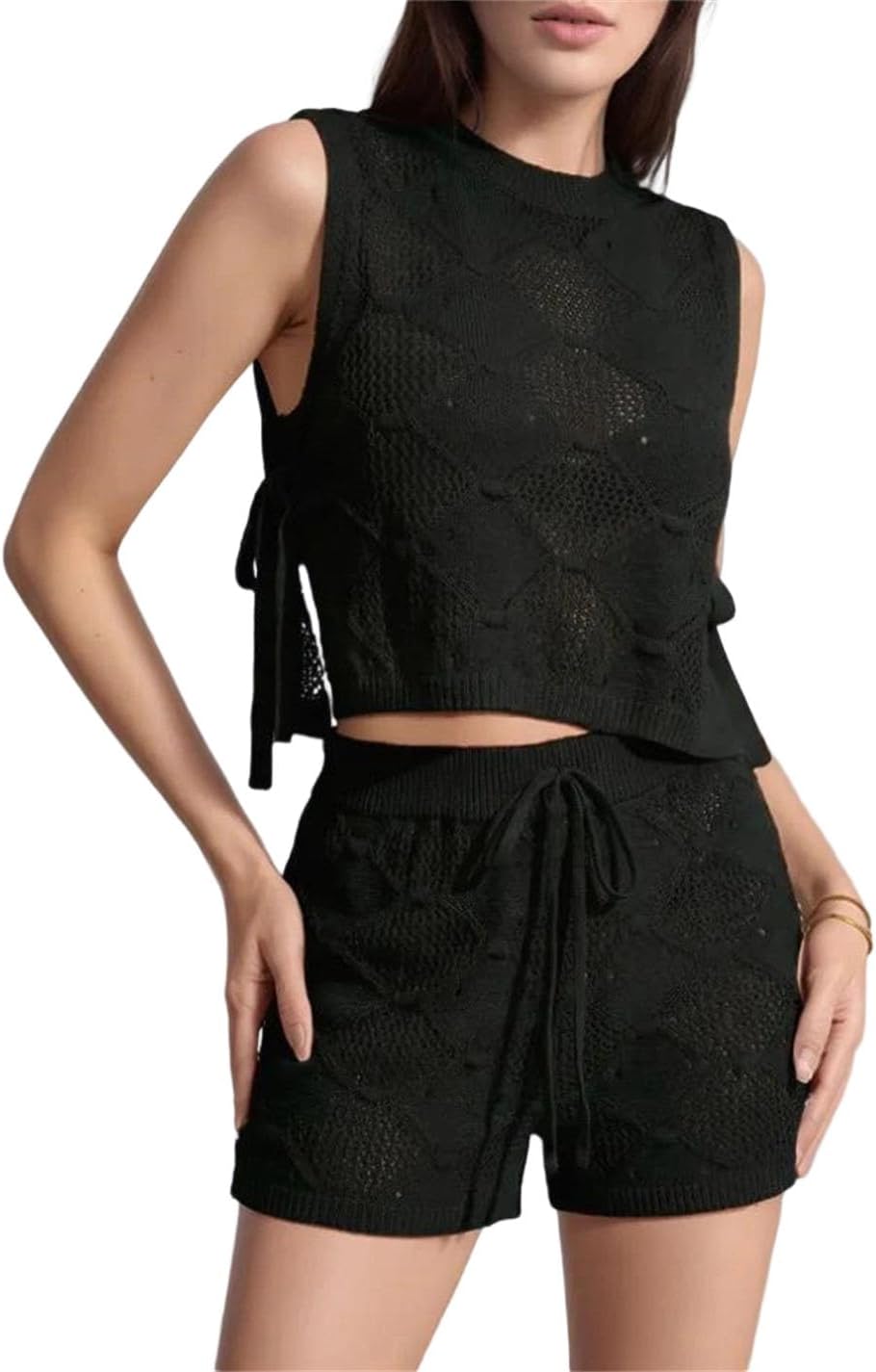 Women Crochet Knitted Two-Piece Set O-Neck Sleeveless Side Split Lace-Up Tank Crop Top Shorts