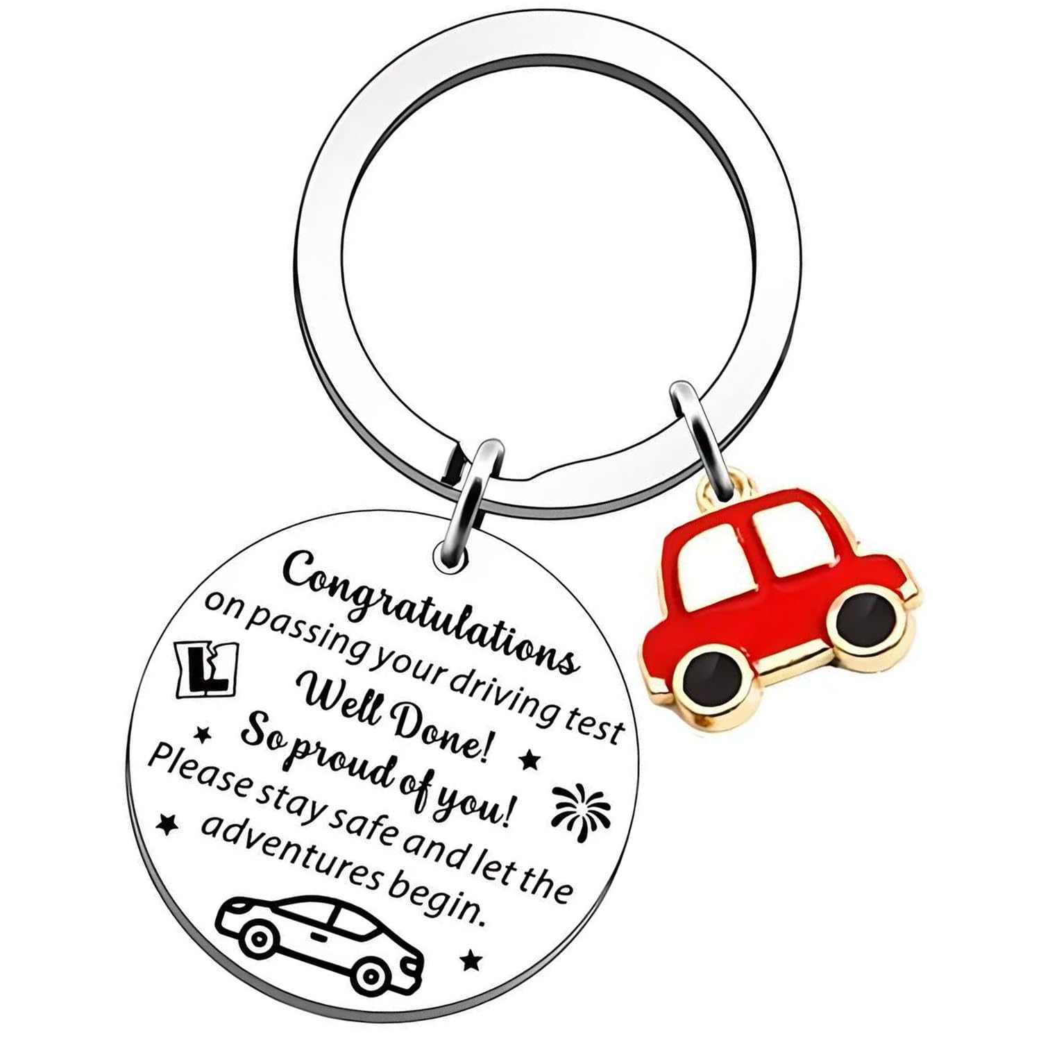 ASREJUR Passed Driving Test Gifts, Congratulations on Passing Your Driving Test, New Driver Gifts, Stainless Keyring with Red Car Decoration and Keepsake for Friends, Classmates and Family