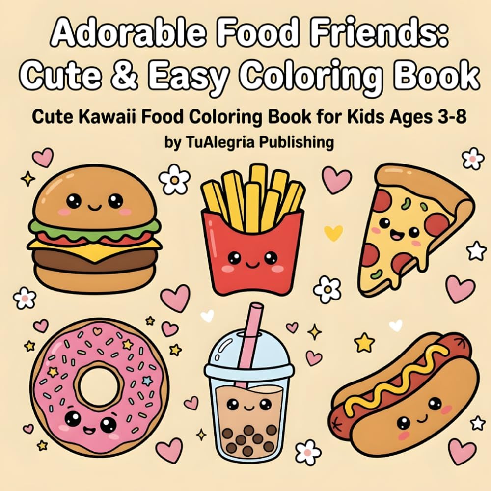 Adorable Food Friends: Cute & Easy Coloring Book: Cute Kawaii Food Coloring Book for Kids Ages 3-8