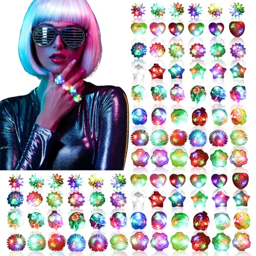 NUDALA 50 Pack Light Up Rings, Glow in The Dark Party Favors, 8 Style Flashing LED Jelly Finger Rings for Concert, Goodie Bag Fillers, Classroom Prizes,Raves, Halloween