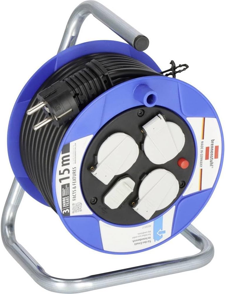 Brennenstuhl Garant Compact Cable Reel 3-Way with USB for Indoor Use (Indoor Cable Reel with USB Charging Function and 15 m Cable, Made in Germany), Blue