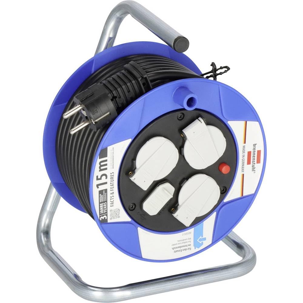 Enrollacables Brennenstuhl de 15m con 3 tomas y USB para uso interior en color azul