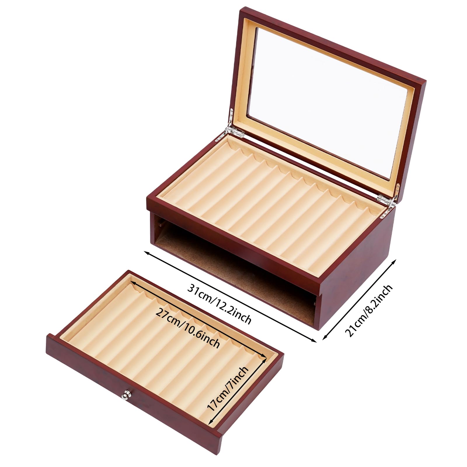 34 slot portapenne, scatola per display con parte superiore trasparente, vetrina a tre livelli, contenitore portapenne, scatola portaoggetti, in legno, 31 x 21 x 12,5 cm, rosso