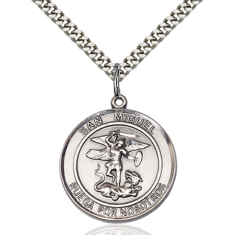 Bonyak Jewelry Saint Medal Collection Sterling Silver San Miguel Arcangel Pendant 1 x 5/8 inches with Heavy Curb Chain