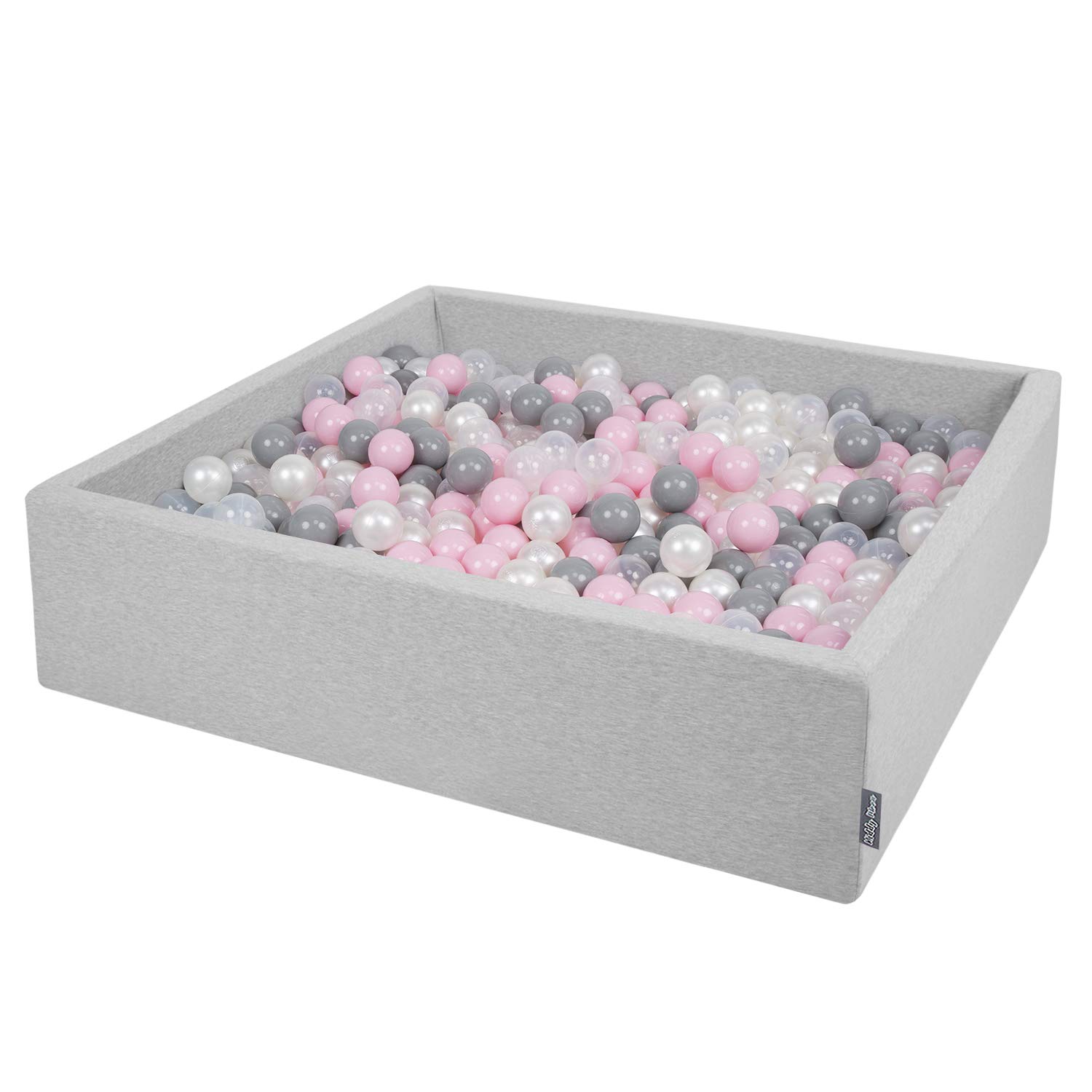 KiddyMoon Soft Ball Pit Square 120X30cm/200 Balls ∅ 7Cm / 2.75In For Kids, Foam Ball Pool Baby Playballs Children, Made In EU, Light Grey:Pearl-Grey-Transparent-Powder Pink