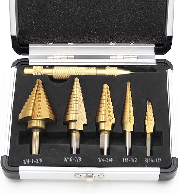 EDIONS 6 Pcs HSS Step Drill Bits Set & Automatic Center Punch, Titanium-Plated High Speed Steel Drill Bits Set with Aluminum Case, Multiple Hole Stepped Up Bits Kit for Plastic, Wood, Metal