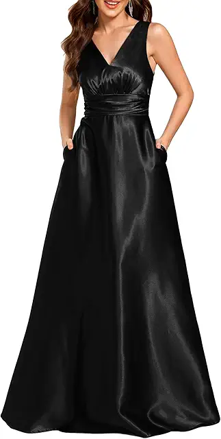 Black Satin Maxi Bridesmaid Dress - Pleated A-Line Sleeveless Double V