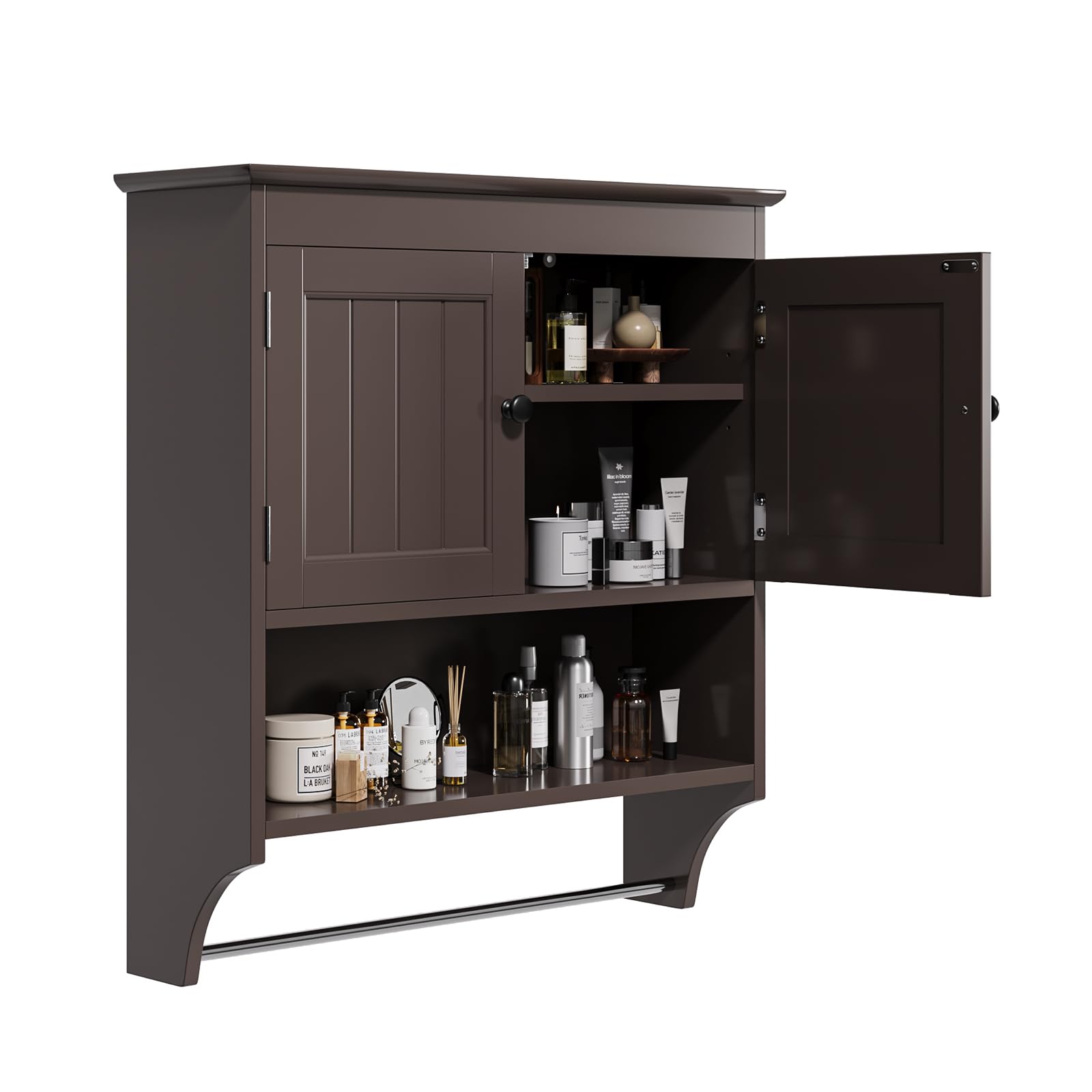 Bealife Mueble de baño suspendido, Armario Doble suspendido, Ahorra Espacio, Armario de Pared con 2 Puertas Estante Ajustable, Barra para Toallas, 19.8 x 60.5 x 69.8 cm, Blanco (marrón Oscuro)