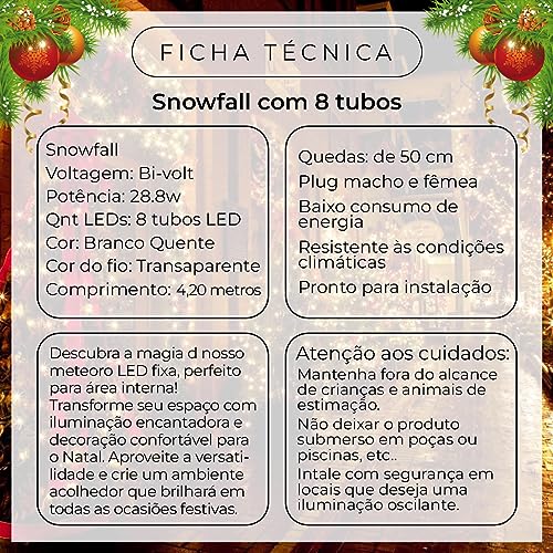 Sklep Snowfall Meteoro Cascata Sklep 8 Tubos Led Bastão Chuva Gelo Luz Natal Pisca 50cm Branco Quent