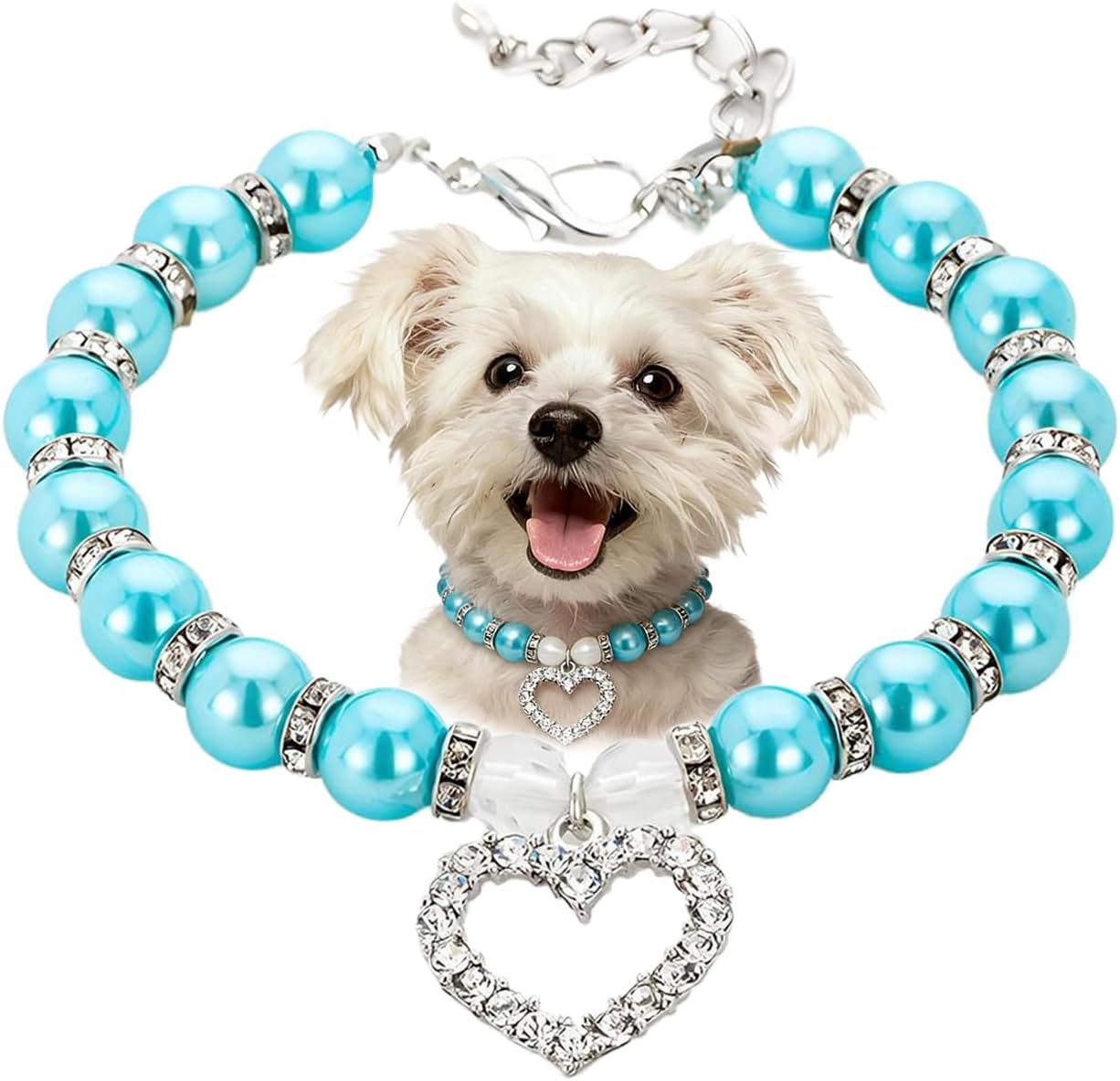 Dog Pearl Necklace, Beaded Cat Collars Heart Pendants with Crystal Blue, S