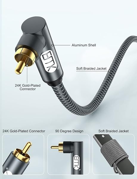EMK Cable de subwoofer, Cable coaxial digital Cinch Cable de audio chapado en oro RCA para subwoofer, receptor AV, amplificador, cine en casa (90 grados RCA Cable, 3M) - 4