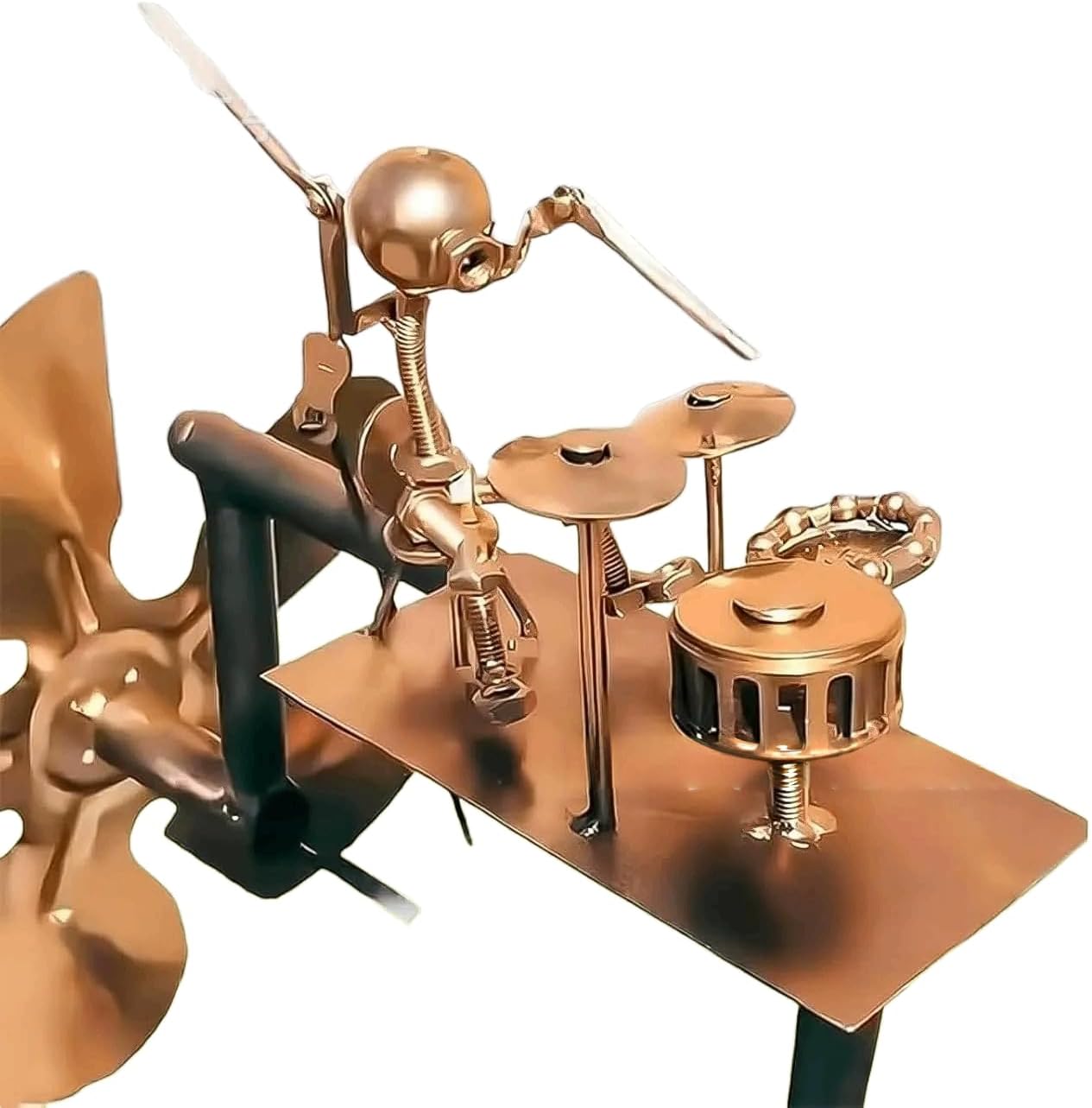 Metal Drummer Windmill Garden Statue, Gold, Retro Style Yard Decoration, 29cm x 17cm x 69cm