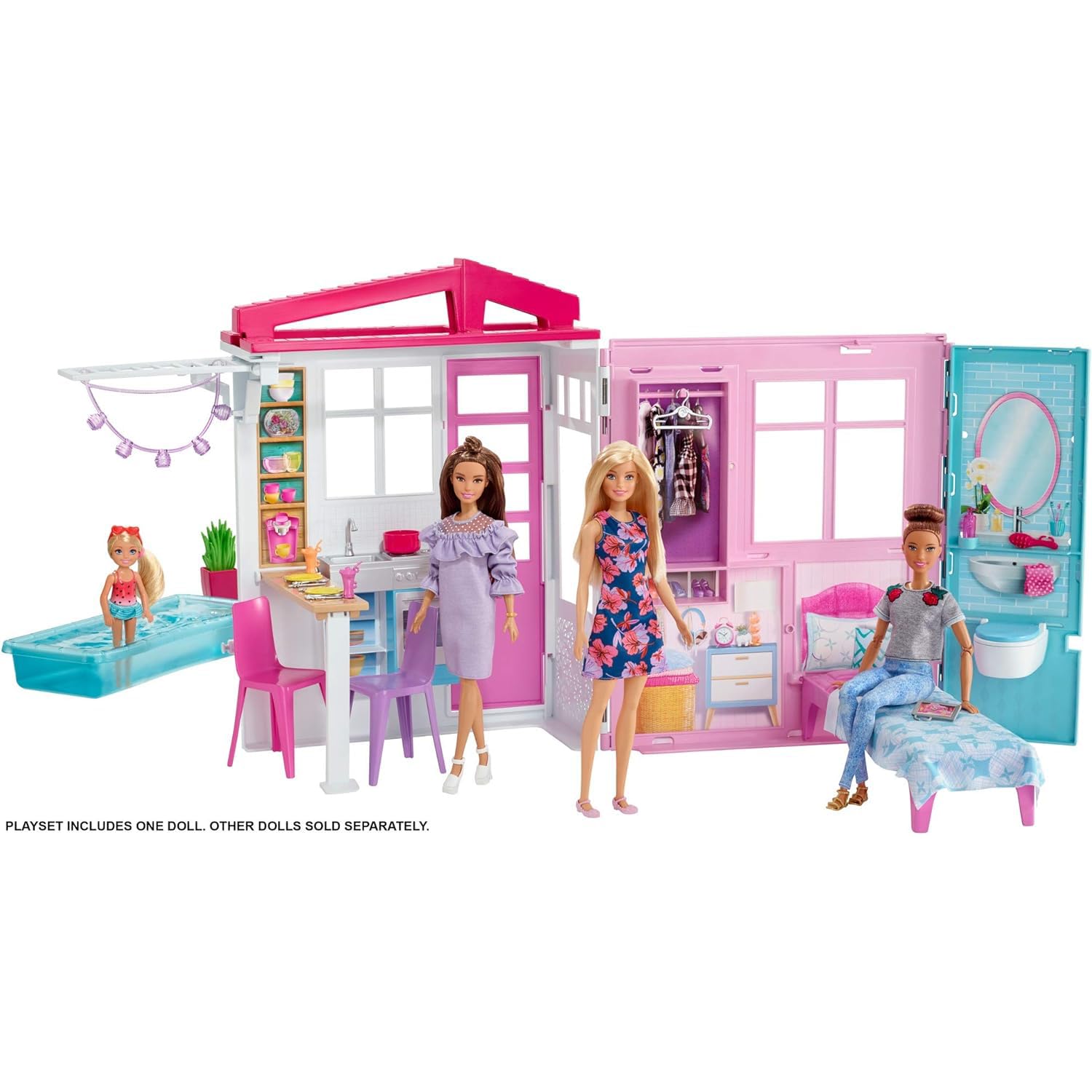 Barbie-Haus mit Küche, Schlafzimmer, Badezimmer, Pool, komplett eingerichtet Möbeln, verschließbar mit Aufbewahrungsgriff, Puppen, Geschenke für Kinder ab 3 Jahren, GWY84