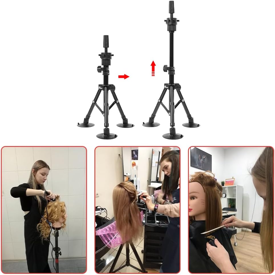 Mannequin Tripod, Adjustable Wig Head Stand Wig Display Bracket with Suction Cups False Head Stand Non Slip Base Support Frame for Cosmetology Hairdressing Training