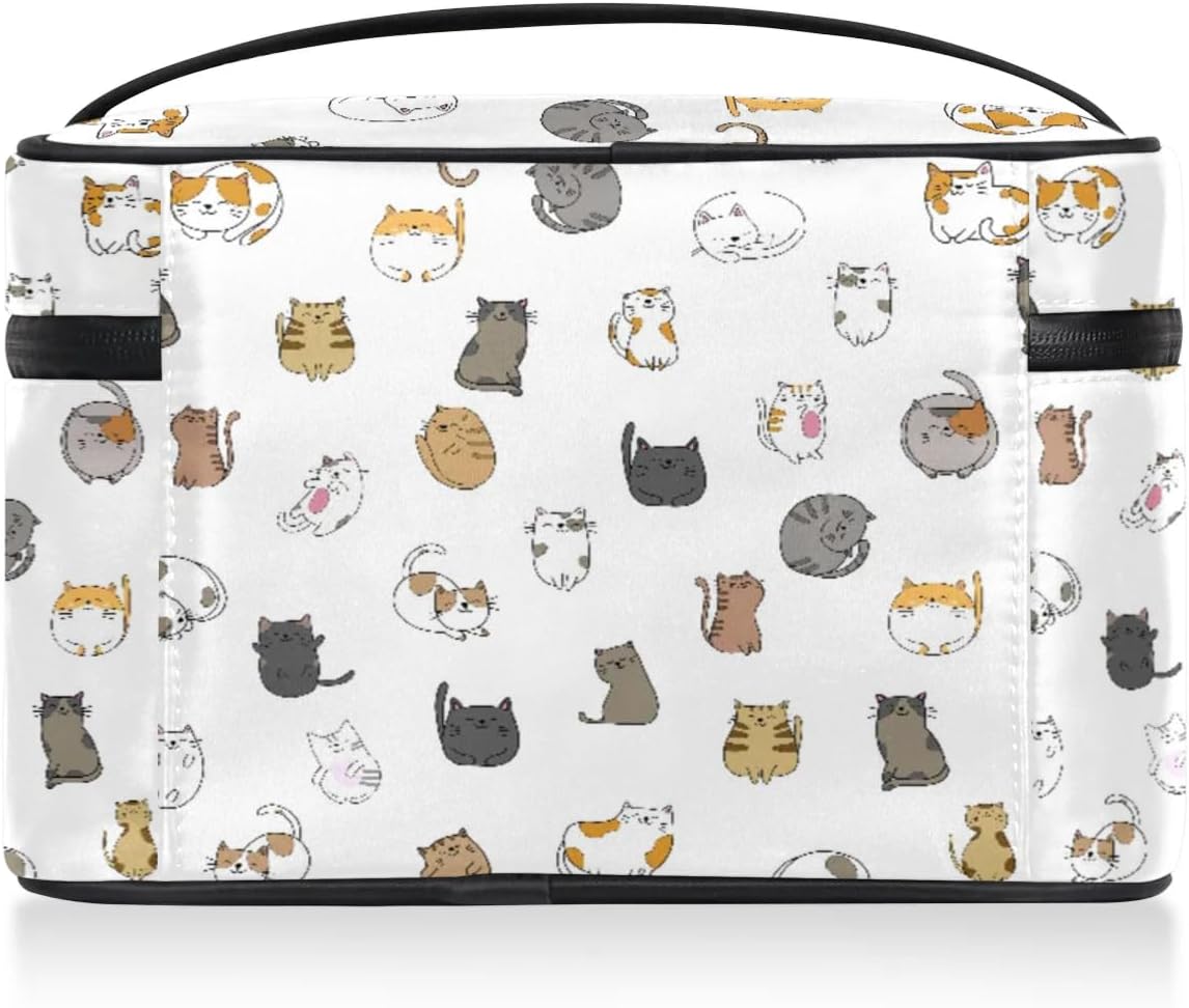 Large Makeup Bag Travel Cosmetic Bags for Women White Cute Colorful Animal Cat Makeup Organizer Case Toiletry Bag for Girls Traveling Wide Open Portable Pouch with Handle