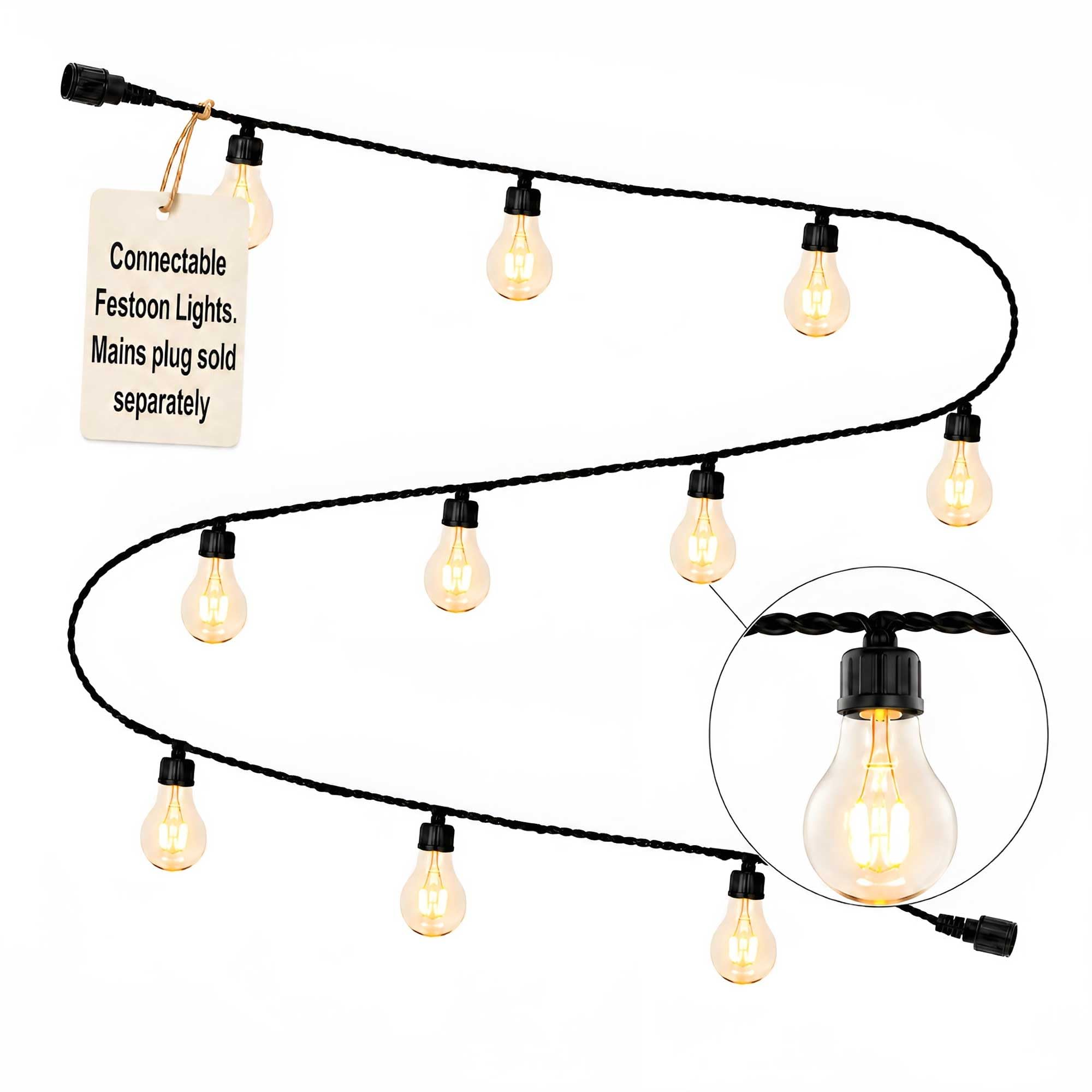 Qbis Connectable Festoon Lights Outdoor, IP67 Garden String Light System for Patio Decking Pergola Wedding, Choose Starter Set, Add-On Lights or 5m Extension Cable (Add-On Set – Lights Only)