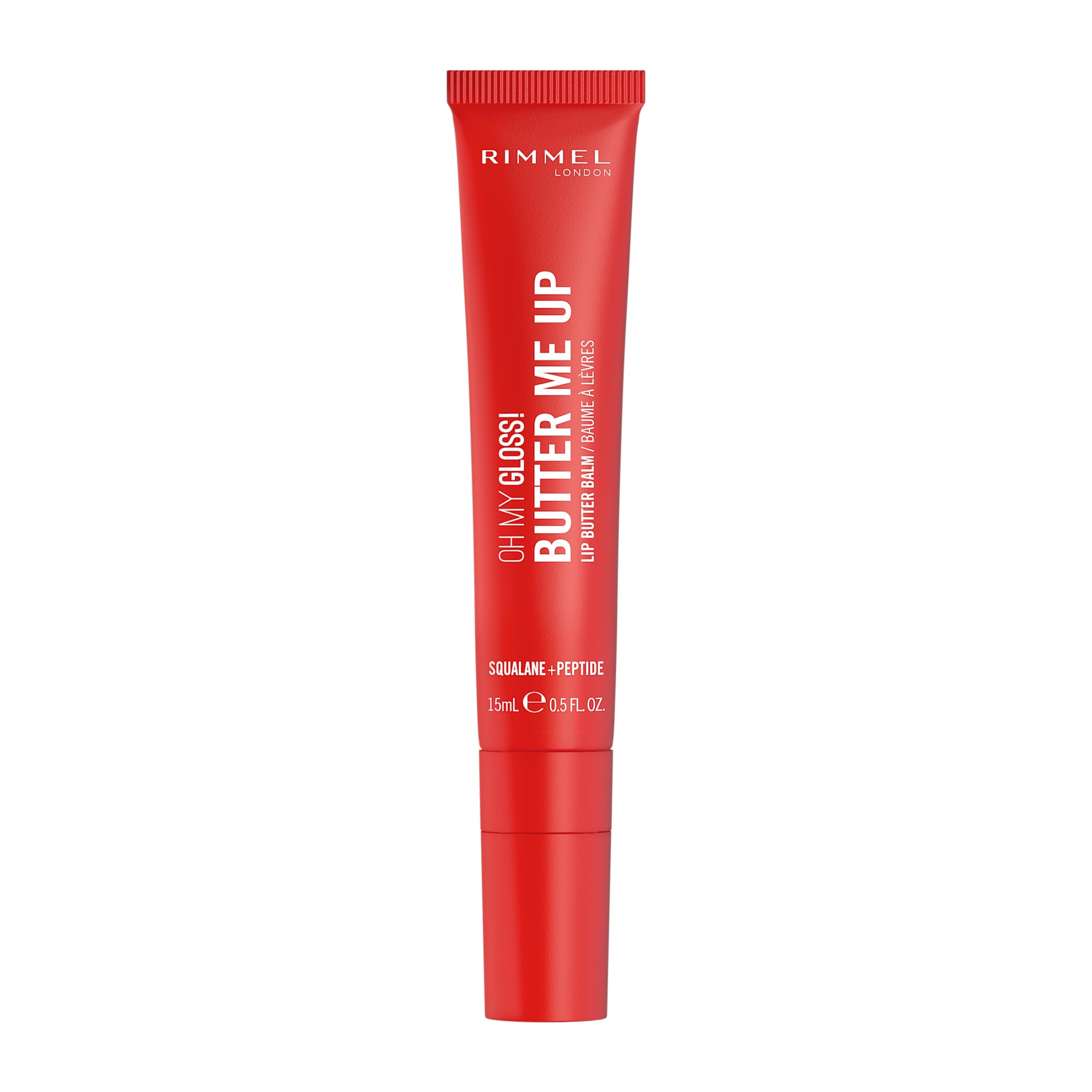 Rimmel Oh My Gloss! Butter Me Up, 004 Red Velvet, Moisturising Lip Butter Balm, Glossy and Sheer Tint, Ultra-Hydrating, Enriched with Squalene and Peptides, Lip-Hugging Applicator, Vegan, 15ml