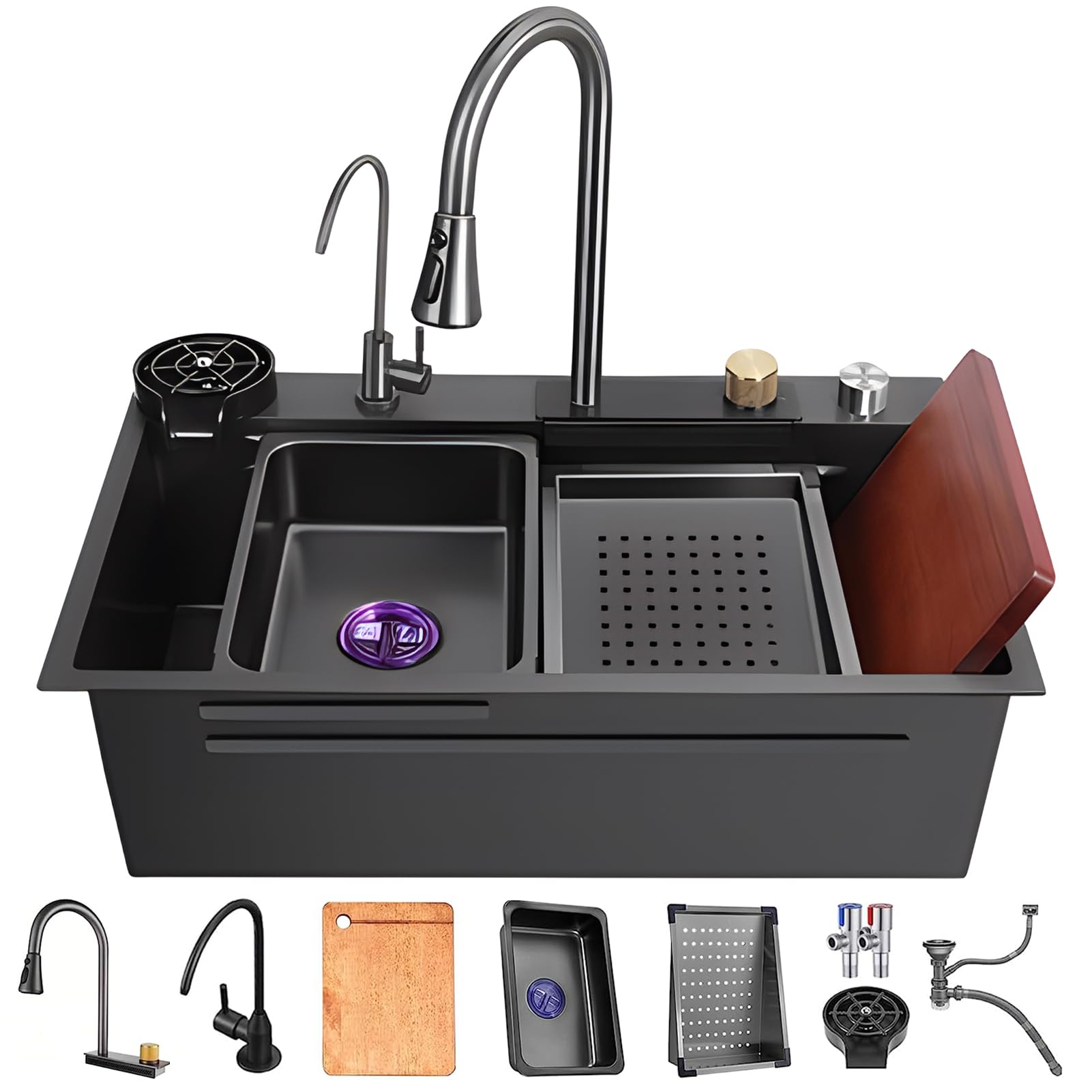 ZQFHSX Kitchen Sink, Stainless Steel Flying Rain Waterfall Household Vegetable Washing Sink,Workstation Single Sink,with Pull-Out Tap, Pressurised Cup Washer (Color : Black, Size 75x46cm)