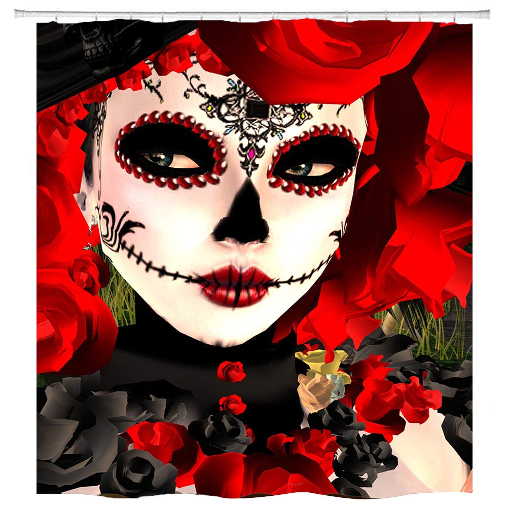 hipaopao Sugar Skull Girl Shower Curtain Red Rose Flower Funny Clown Fabric Shower Curtain Sets Bathroom Decor with Hooks Waterproof Washable 72 x 72 inches Black White Green