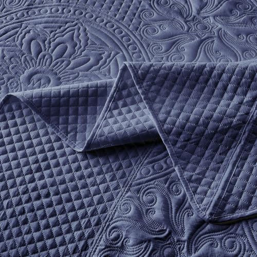 Image of Qucover King Bedspread Medallion Quilt Bedding Set 3 Piece Navy Blue