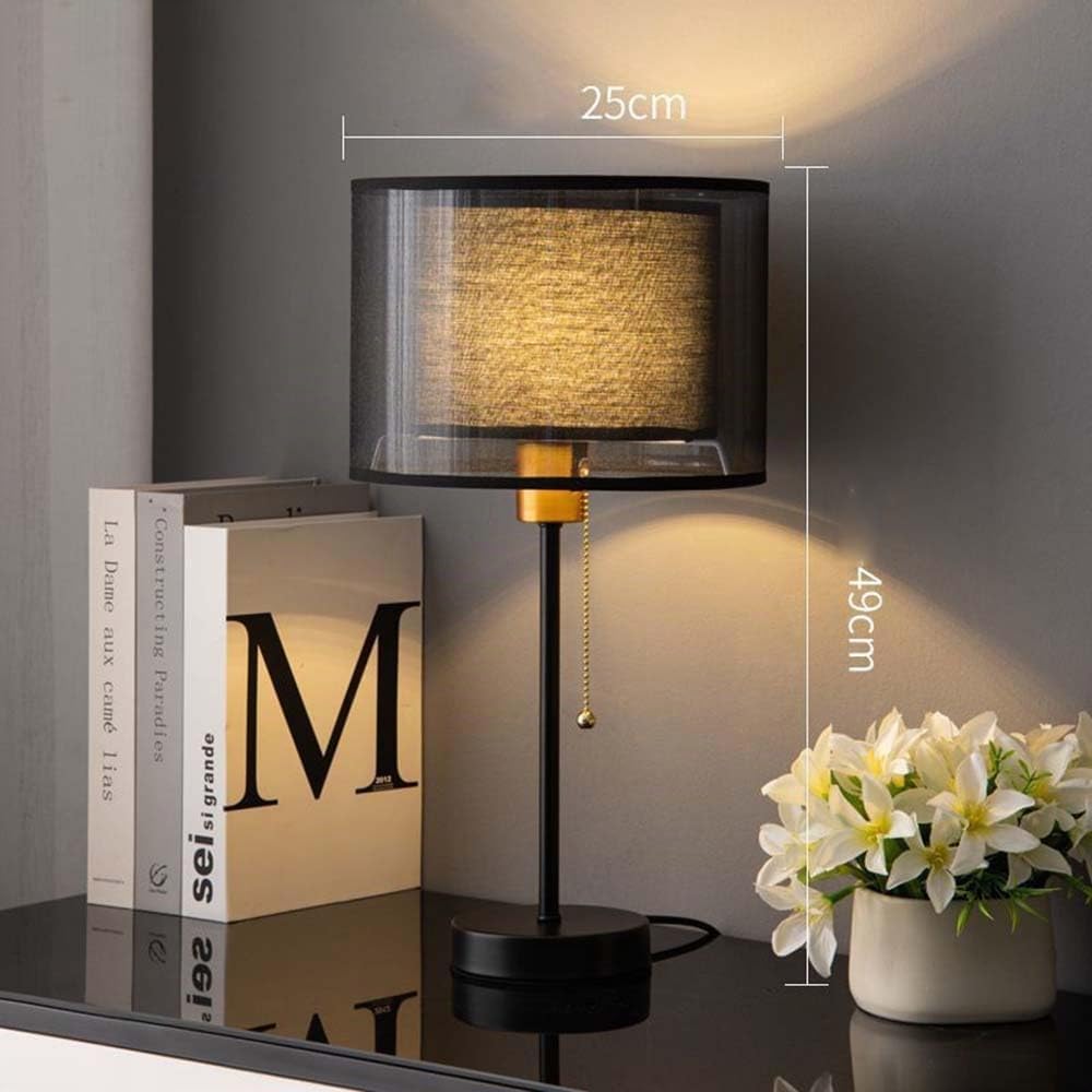 Mengjay Lampada da Tavolo Moderna, Base in Metallo Nero, Paralume in Tessuto, Altezza 49 cm, Interruttore a Catenella (Stile: Nero)