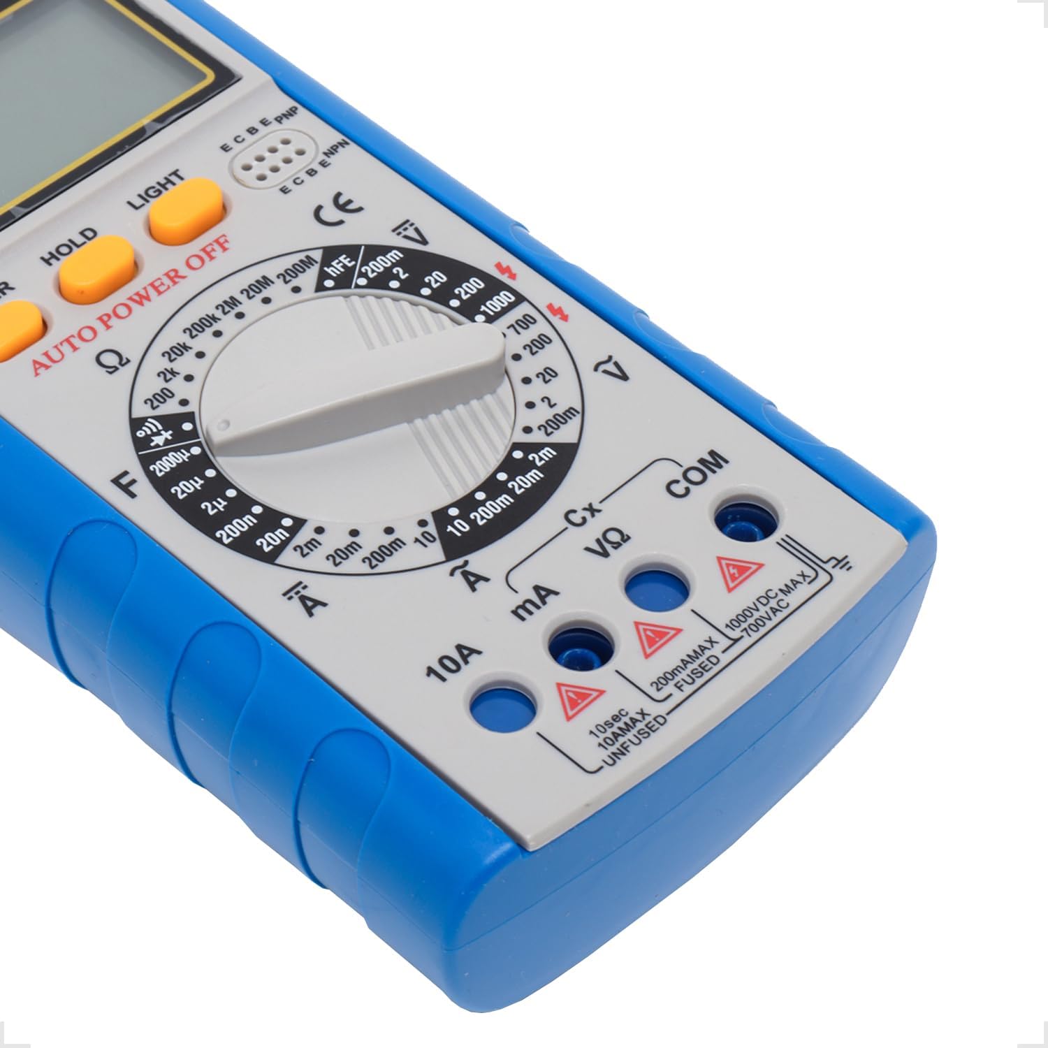 Close-up of the input jacks on the Yaxun YX-9205 Digital Multimeter, showing the COM, VΩmA, and 10A ports.