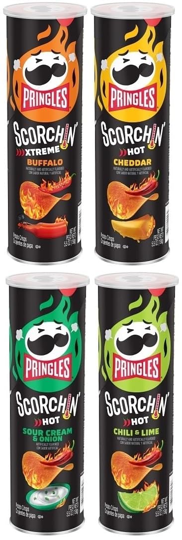 Pringles Potato Crisps Variety Pack, Scorchin Snack Chips, Buffalo, Cheddar, Sour Cream & Onion, and Chili & Lime, 5.5 Ounce (Pack of 4) - with Make Your Day Bag Clip