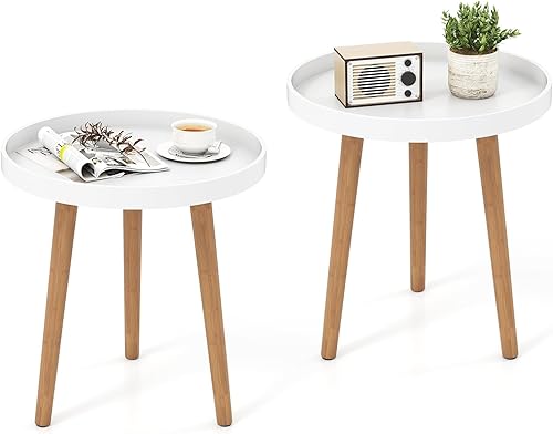 Miniatura 19 de Giantex Mesa auxiliar redonda, mesa auxiliar con bandeja de madera, soporte de trípode resistente y conectores de metal de alta calidad, mesa
