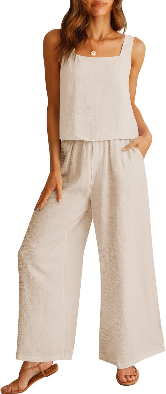 ANRABESS 2 Piece Sets for Women Outfits Lounge Matching Casual Travel Wide Leg Pants Crop Top Summer Vacation Beach Clothes