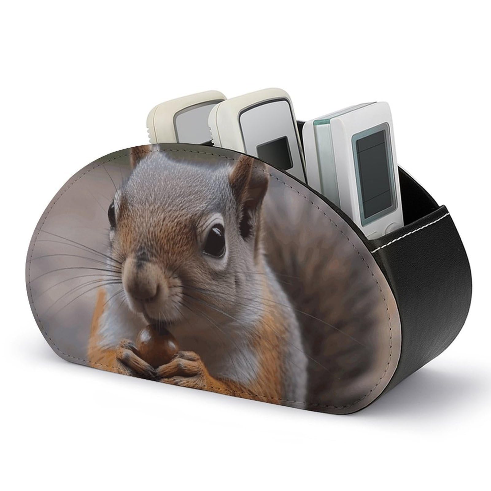 JTREHY Cute Squirrel Remote Control Holder with 5 Compartments PU Leather Remote Caddy Box Multifunction Desk Holder Organizer Box Tray Bedside Table Storage Organizer