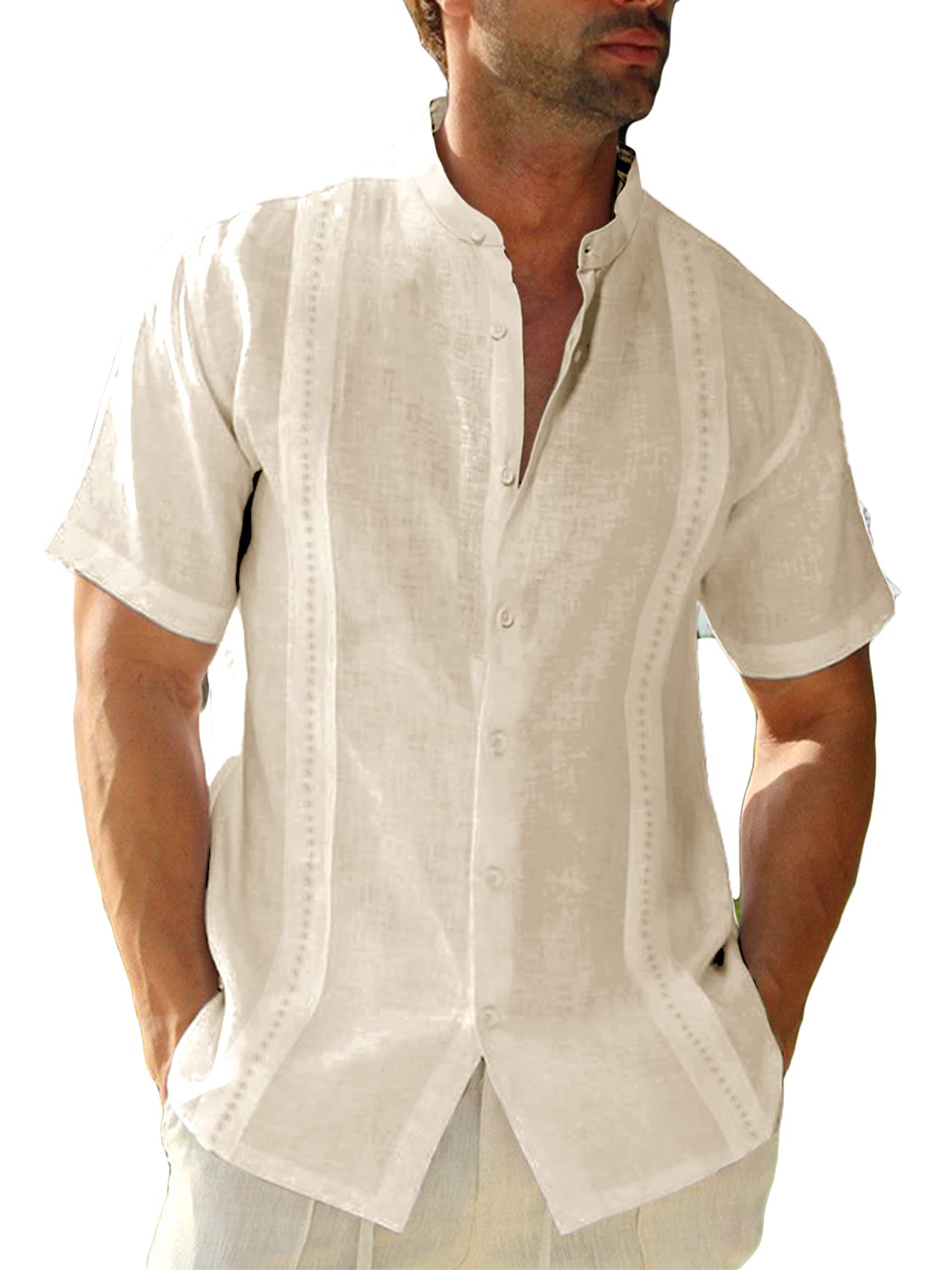 Runcati Camisa de lino de algodón para hombre, camisa informal de manga corta, cuello alto, camisa de playa, camisa de verano, corte regular