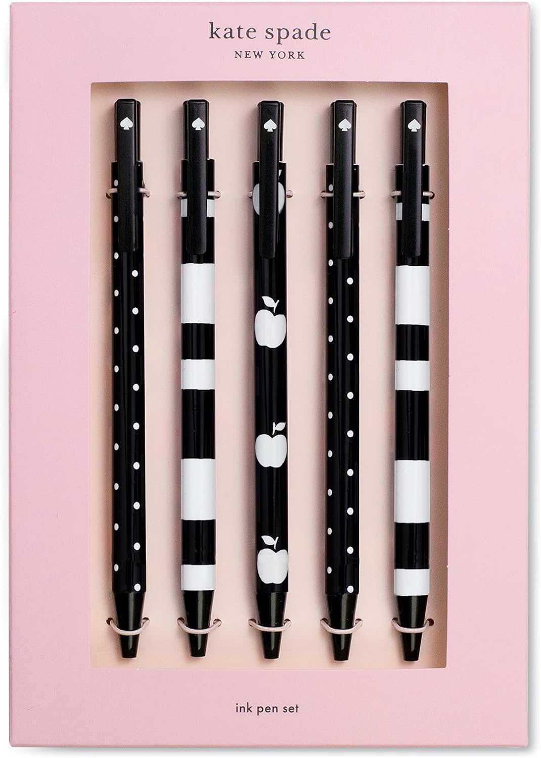 Kate Spade New York Black Ink Pen Set of 5, Cute Plastic Click Pens, Dots and Stripes
