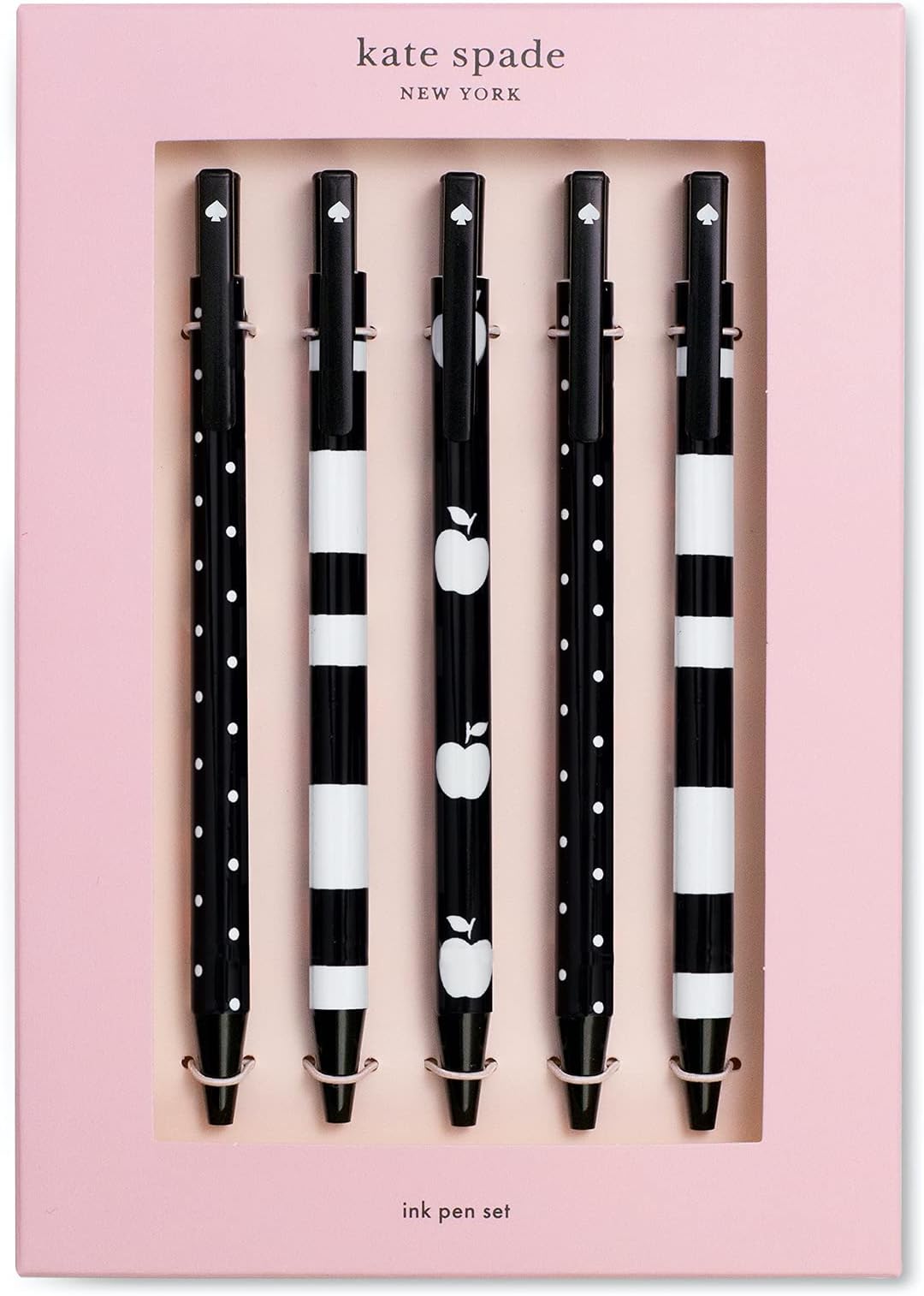 Kate Spade New York Black Ink Pen Set of 5, Cute Plastic Click Pens, Dots and Stripes