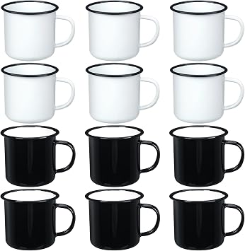 Yinder 12 Pack Enamel Camping Mugs 12 oz Coffee Mugs with Handle Portable Camp Drinking Cups Bulk Vintage Metal Cups for Home Office Party SuppliesWhite, Black