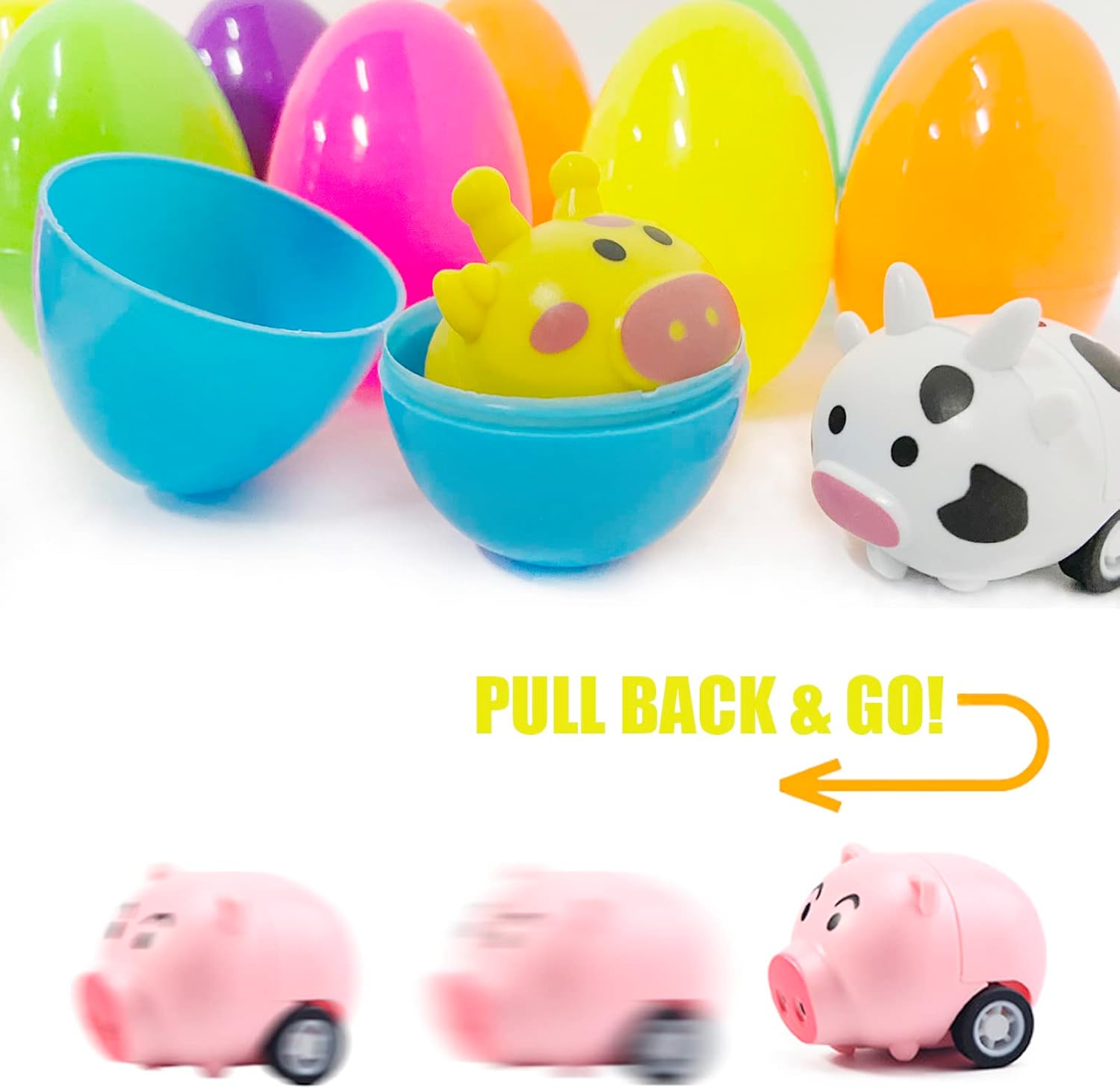 BAINFE 12PCS Easter Eggs with Pull Back Car Toys, Plastic Eggs with Cartoon Animal Vehicles for Kids Easter Egg Hunts, Easter Basket Stuffers Fillers, Easter Party Favor Classroom Prize Supplies