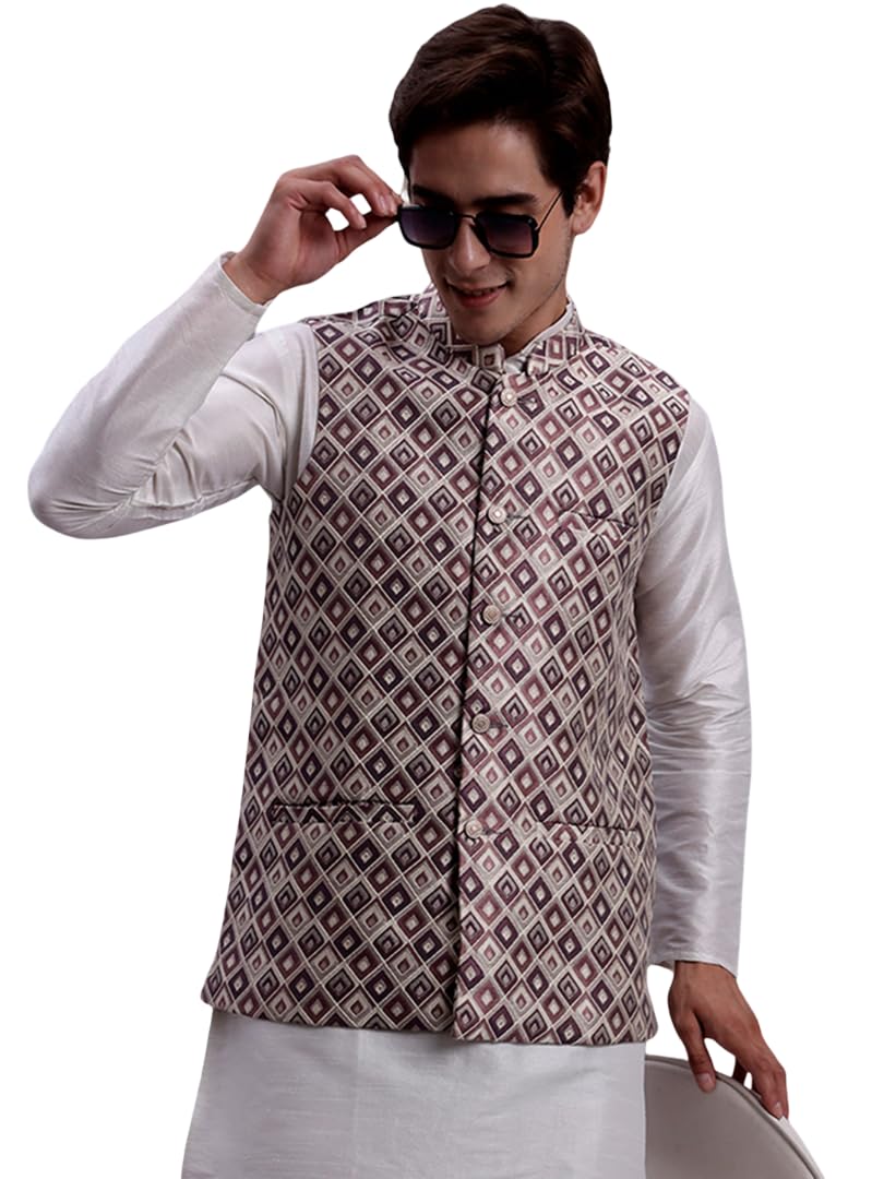 jompers Men's Purple Woven Design Nehru Jacket With Solid Kurta Pyjama-picture-22