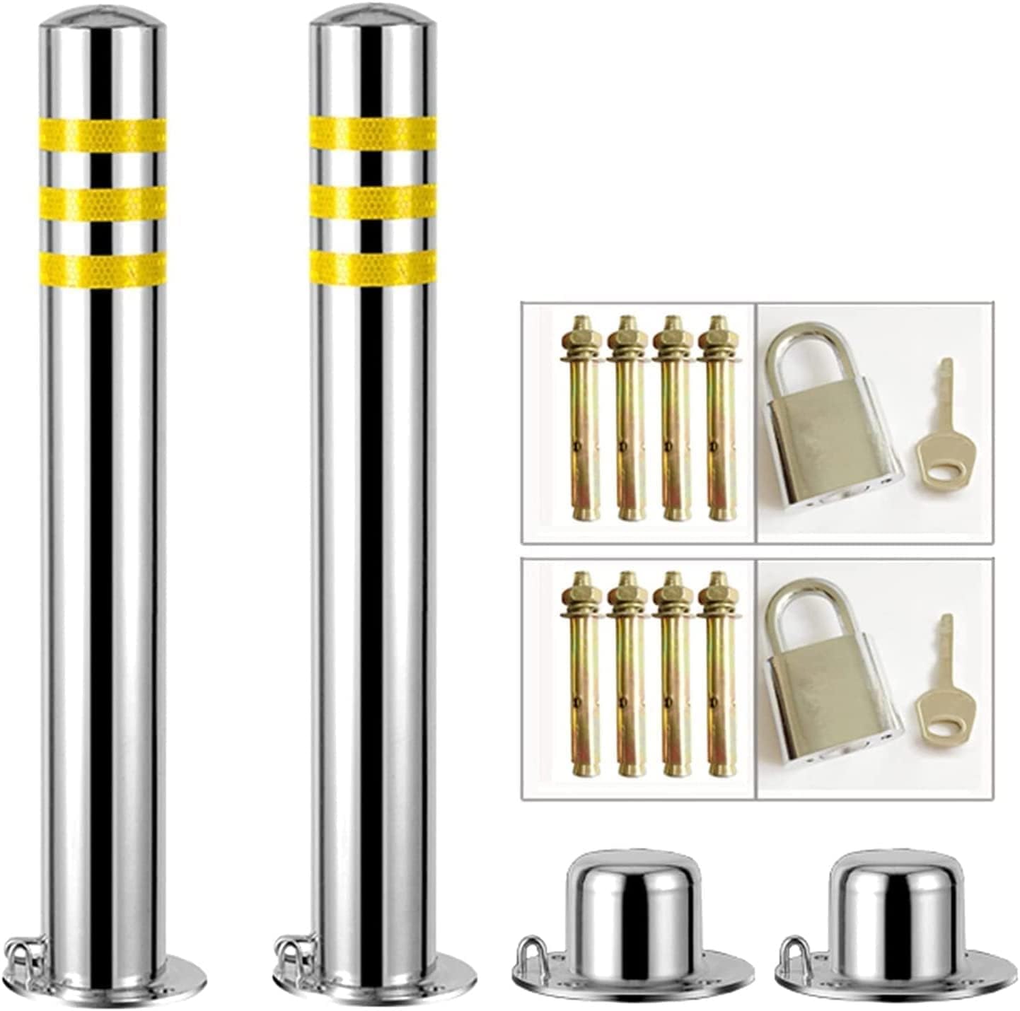 Security Post Parking Bers 2 Pack With Padlock,Stainless Steel Bollard Post With Reflective Strips Strong Traffic Cones, Parking Post Bollards Easy To Install,Silver-750X76Mm,Silver 750x76mm/30x3in