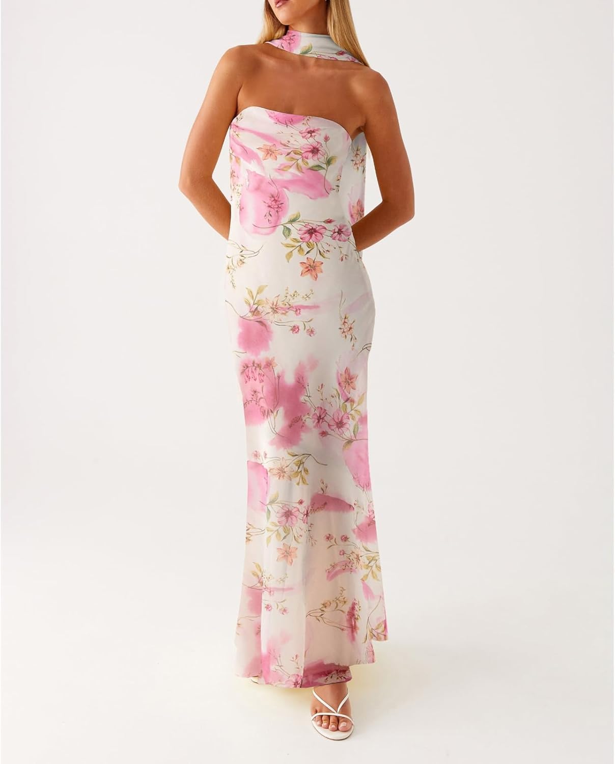 Women Floral Tube Maxi Dress with Scarf Summer Strapless Tube Bodycon Mesh Layer Cocktail Party Wedding Guest Dress - Image 2