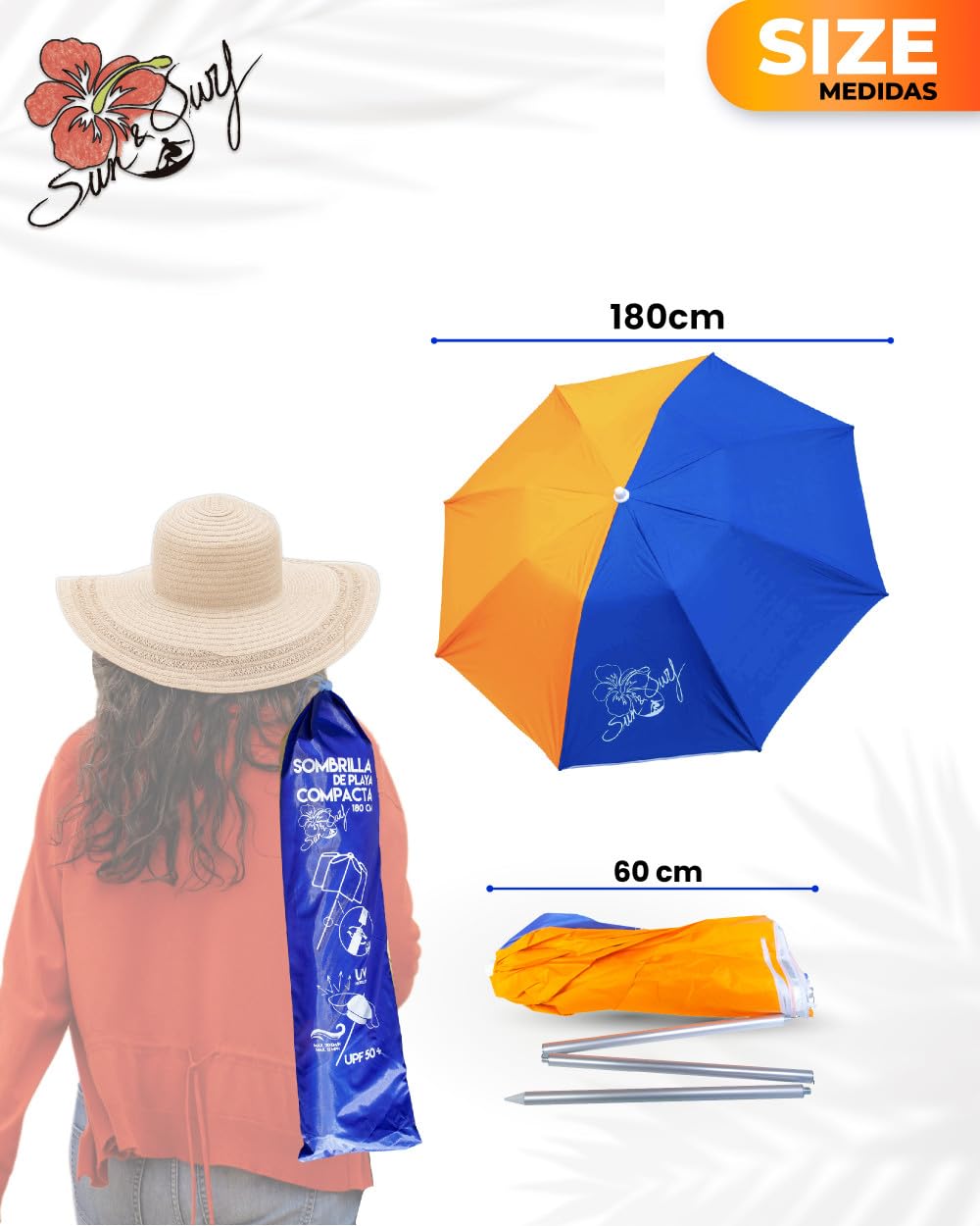 SUN & SURF Ombrellone compatto 180 cm pieghevole UPF 50+ UV manico arrotolabile 60 cm sacchetto incluso. Super resistente, multicolore.