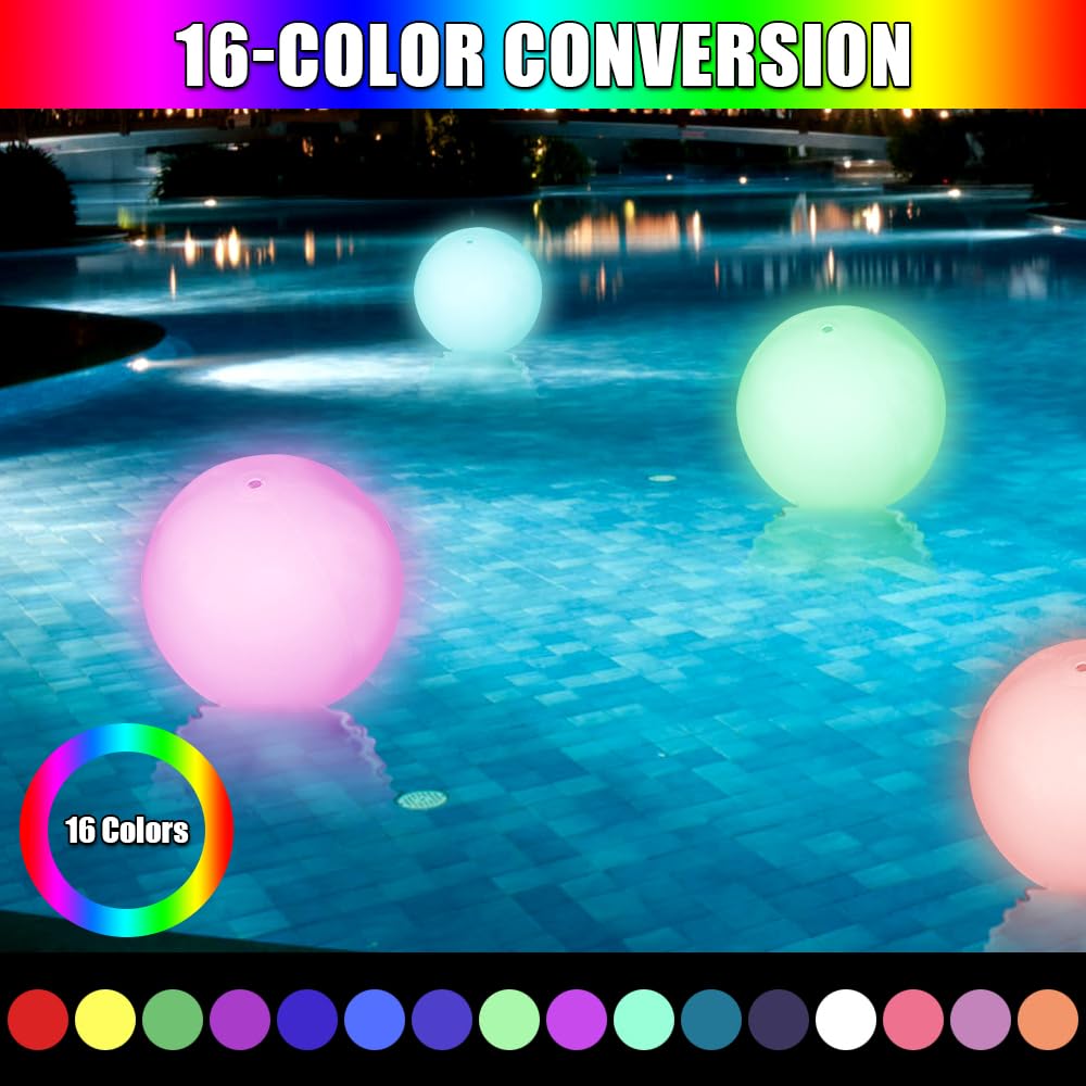 Luci Galleggianti Piscina, 2 Pezzi 16" Luci a LED Gonfiabili con Telecomando, IP68 Impermeabile Luce Galleggiante Piscina, 16 RGB Luce Sfera Cambia Colore per Laghetto/Piscina/Vasca da Bagno