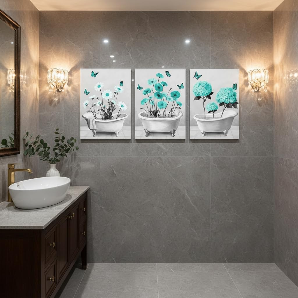 FuShvre Teal Floral Bathroom Decor Flower Bathroom Wall Art Turquoise Pictures with Daisy Poppy and Hydrangea Prints Framed 12x16 inches each (Teal)