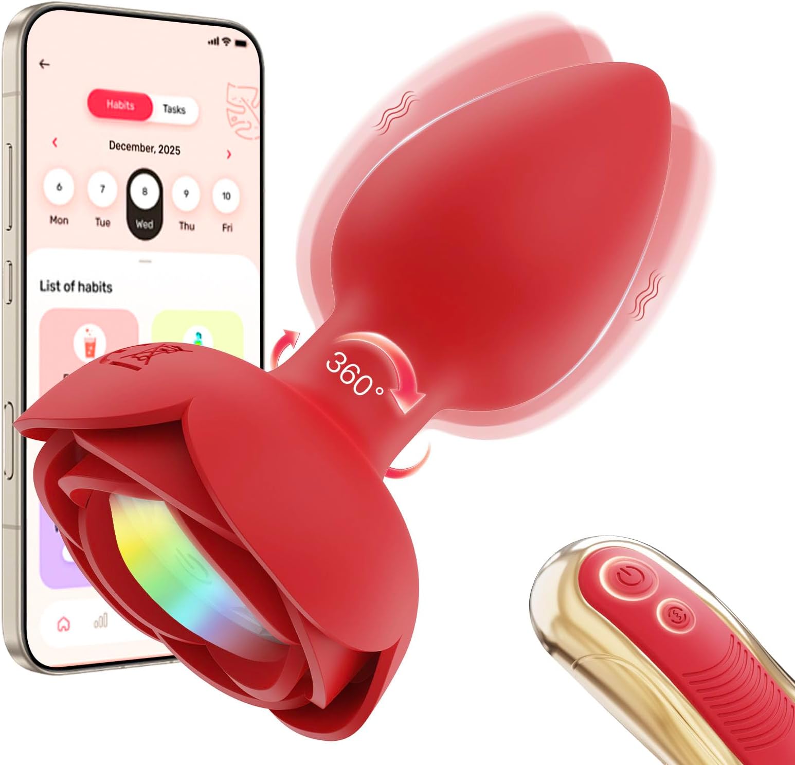 Rotating Light-Up Rose Anal Plug with APP & Remote Control – 10 Vibration Modes for Men, Women & Couples – Waterproof Prostate Massager Adult Toy