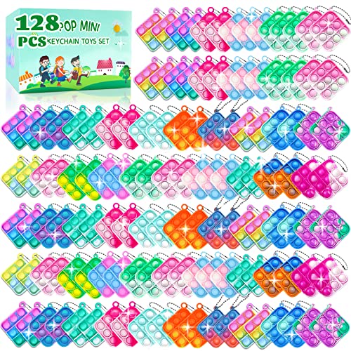 128 Pcs Pop Fidget Keychain It Fidget Toys Bulk, Party Favors For Kids 6-8 Fidgets Packs Sensory Stress Toy Mini Fidget Push Pop Keychain Toys Classroom Prizes For Boy Girl Adult #TOP22