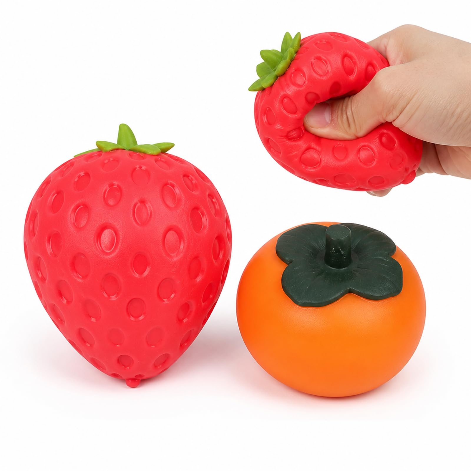 2PCS Strawberry Squishy, Giant Strawberry Squishy for Hand Play in Work and Study Time, Desk Decoration with Strawberry and Persimmon Designs, Two Pieces Set
