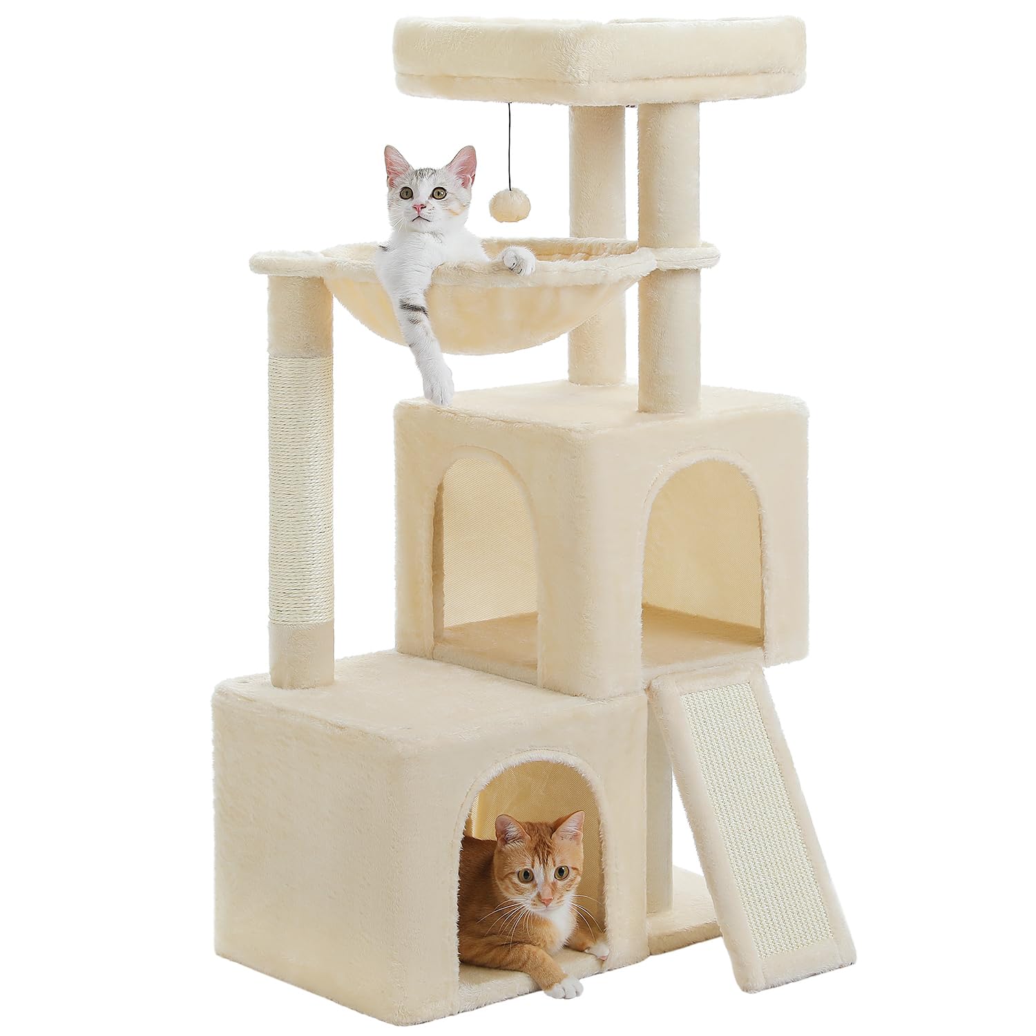 PETEPELA Tiragraffi da 104 cm, con 2 spaziose grotte per gatti di casa, casa per gatti con comoda amaca, asta imbottita, cuscinetto antigraffio e palla da gioco rimovibile, beige