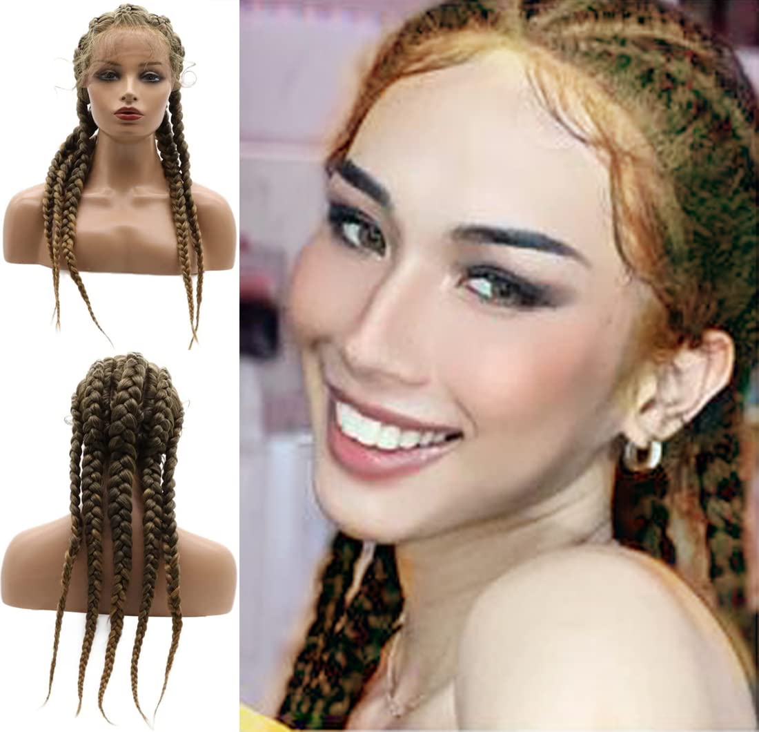 Mixed Blonded Braided Wigs for Women Long Handmade Higlight Blonde Box Braided Lace Front Wig with Baby Hair Box Braidded Wig Glueless Synthetric Heat Resistant Fiber Hair Daily Cosplay 24 Inch 24 Inch Blonde Mix Brown Braid Wig