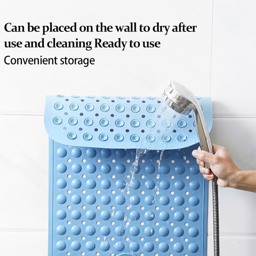 Tapis de Douche Antidérapant 106x66cm,Tapis Antidérapant Douche avec Ventouses et Trous de Drainage,Matériau TPE,Lavable en Machine,Bleu