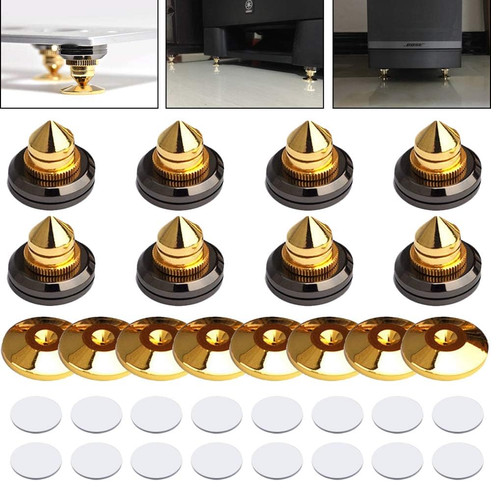 8 Set Golden-Plated Speaker Spikes, LAMPTOP Speaker Stands CD Audio Subwoofer Amplifier Turntable Isolation Feet Solid Brass Cone Isolator Brass Base Pads Shockproof Mats with Double-Sided Adhesive