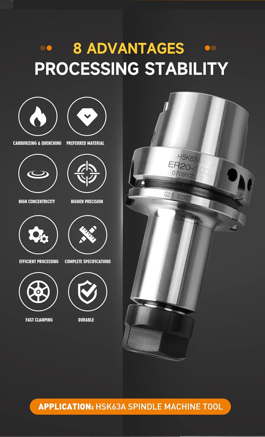 HSK63A Tool Holder HSK63A-ER16-100 High Precision Collet Chuck Tool Holder for CNC Machine Tool