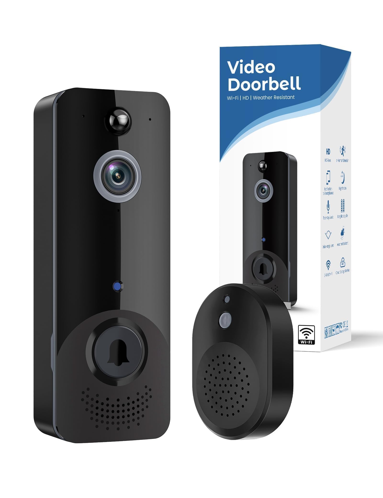Wireless Doorbell Camera, Chime Ringer Included, AI Human Detection, Night Vision, Instant Alerts, Cloud Storage, Rechargeable Battery, All-Weather Resilience, Home Security System